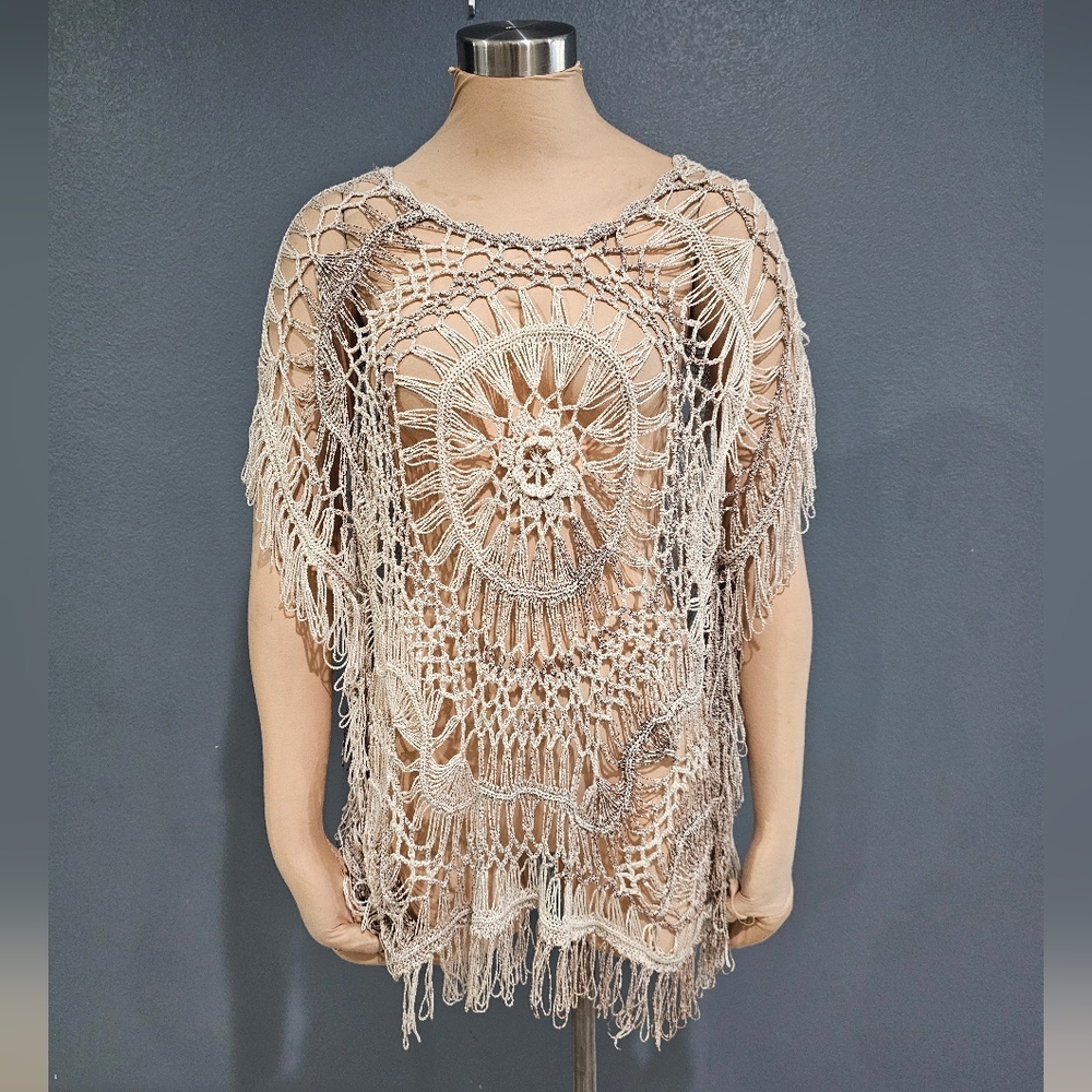 LA SEINE Cream Brown Crochet Knit Boho Hippie Swim Cover or Top L/XL